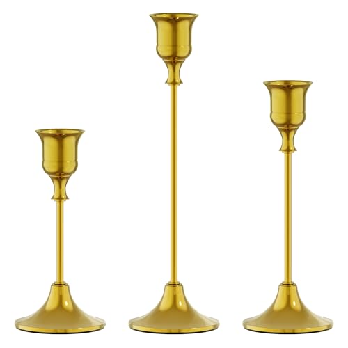 FSyueyun Gold Candle Holders Set of 3, Elegant Metal Candlestick Holders for Vintage Taper Candle Holders, Perfect for Table Centerpieces, Fireplace Mantels, Home Decor, Weddings and Party Decorations - color: Gold, size: Set of 3