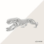 Standing Gilt Leopard Statue, Prowling Pose, Hand-Cast Ceramic/Resin, 22 Inches Long, Silver