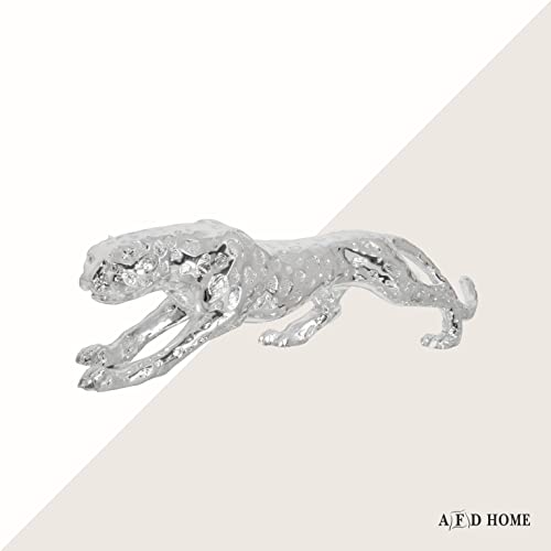 Standing Gilt Leopard Statue, Prowling Pose, Hand-Cast Ceramic/Resin, 22 Inches Long, Silver