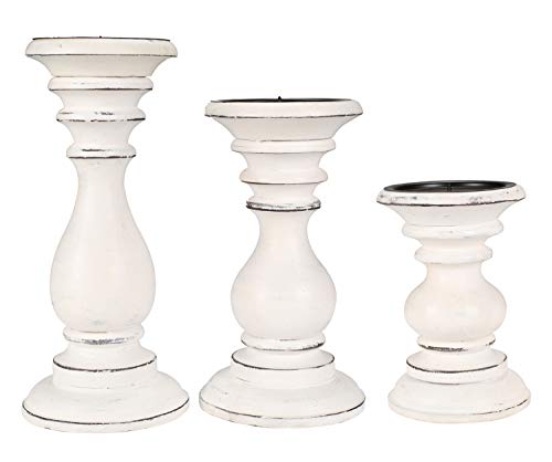 Candle Holders Set of 3 (10",8" & 6" Height)_White Antique,Pillar Candle Holder in Mango Real Wood,Decorative Candle Holders for Table Centerpiece, Wedding, Party, Home Décor, Spa, Farmhouse, Gifting - color: White Antique, size: 10"+8"+6" - High