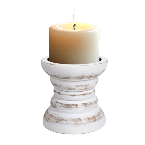 Pillar Candle Holder, Farmhouse Wood Candle Holder, Rustic Wooden Candle Stand, Vintage Small Wooden Candlestick Holders for Living Room, Table Centerpiece, White - color: Washedwhite, size: 4"H（1PCS）