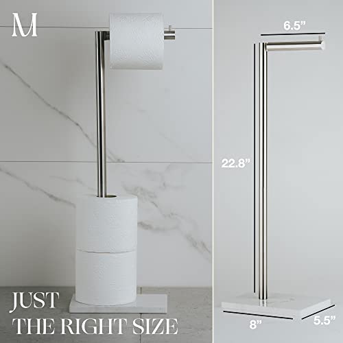 MARMOLUX ACC Free Standing Brushed Nickel Toilet Paper Holder Stand White Marble Base and Storage | 4 Jumbo Roll Bathroom Hardware Toilet Tissue Organizer | Stainless Steel Bathroom Decor Accessory - color: Steel Brushed/White Marble