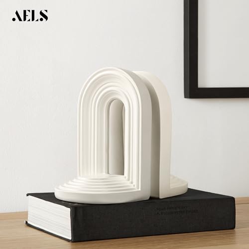AELS Mordern Bookends, Mid Century Arch Heavy Duty Book Ends, Unique Decorative Bookend Supports for Shelves, Office Desktop Book Stand, Stopper for Books/Movies/CD, Cream - color: Cream, size: L - 8.9x7.4x4.9 inch