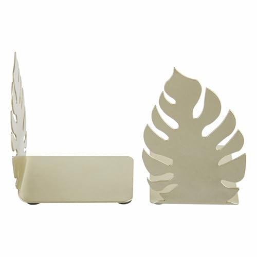 MyGift Brass Tone Monstera Leaf Decorative Bookends Set, Metal Book Ends for Shelves, Bookshelf & Office Decor, Tropical Plant Inspired Home Accessories, 1 Pair