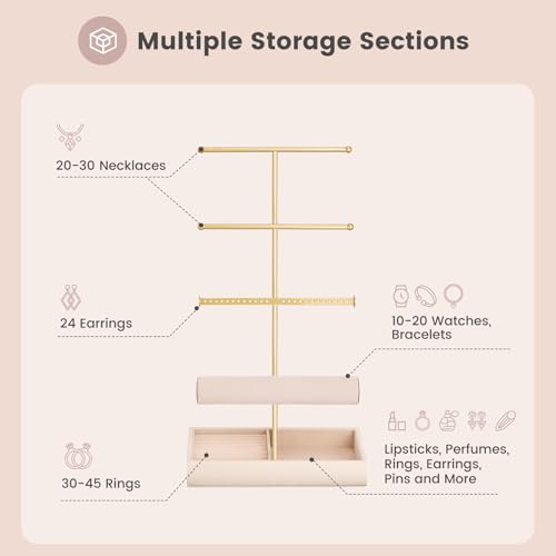Lolalet Jewelry Holder Tree with Velvet Tray, 4 Tiers Necklace Display Stand Rack with Ring Slots Organizer for Earrings Bracelets Bangles Ring, Valentine's Day Gift -Beige - color: Beige