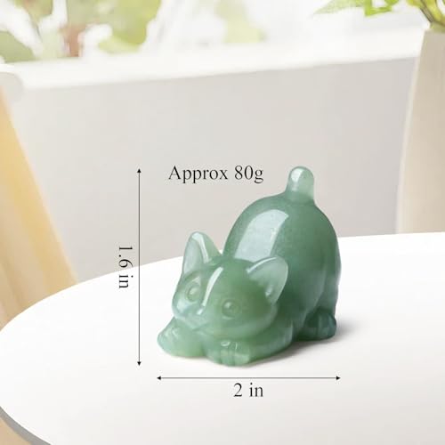 2" Green Aventurine Cat Figurine Decor Crystal Statue Carved Home Room Decor Figurines for Natural Lazy Gemstones Sculpture Handcrafted Healing Stone Office Spiritual Gifts for Cat Lovers - color: Green-aventurine