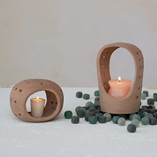 Creative Co-Op Handmade Terracotta Candle Holder with Cutouts - size: 5"L x 5"W x 8"H