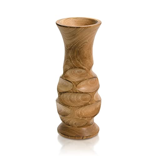 Aeravida Beautifully Carved Natural Mango Tree Wood Rustic Vase | Modern Flower Vase | Mango Tree Wood Kitchen Decor | Handmade Vase | Carved Shaped Vase