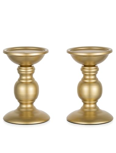Set of 2 Gold Metal Pillar Candle Holders for 3 inches Dia Candle, Wedding Centerpieces Candlestick Holders Stand Centerpiece Decoration Ideal for Weddings, Special Events, Parties - size: 2 x S