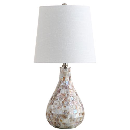 JONATHAN Y 20.5" Seashell Coastal Mini LED Table Lamp for Living Room Office, White Linen Drum Shade, Modern Mother of Pearl Bedside Nightstand Lamp, LED Bulb Included JYL1024A - color: Seashell