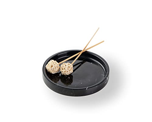 100% Carved Marble Round Vanity Tray 5.5'', for Kitchen Bathroom Countertop, Nightstand Decor, Candle Holder, Jewelry Rind Dish, Trinket Plate, Table Accents, Black - color: Black Marquina, size: 5.5"