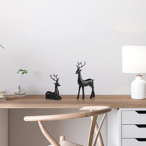2 Pcs Christmas Reindeer Sculpture, Resin Deer Christmas Decoration, Matte Black Resin Elk Statues for Home Decor, Ideal for Living Room, Bedroom, Office, Bookshelf, and Desk Ornaments
