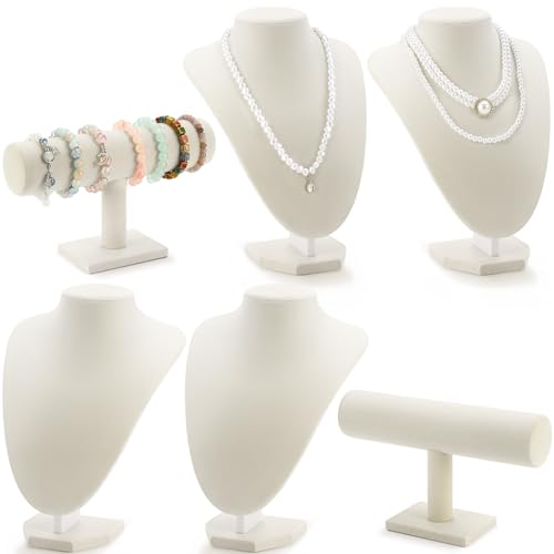 Huquary 6 Pcs Jewelry Display Set Necklace Display Stand T Bar Bracelet Holder Jewelry Bust for Home Store Trade Show(Beige) - color: Beige