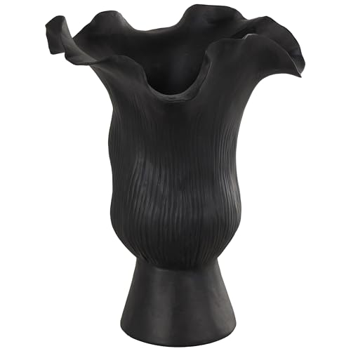 Deco 79 Ceramic Abstract Floral Inspired Vase with Wavy Folded Rim and Linear Grooves, 8" x 7" x 11", Black - color: Black, size: 8" x 7" x 11"