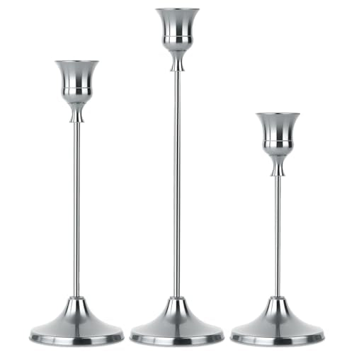 Set of 3 Silver Tapered Candle Holder,Candlestick Tall Metal Candlestick Holders for Table Centerpiece Home Decor for Wedding Fireplace Mantel Housewarming Gift Fits 3/4 Inch Thick Candles - color: Silver