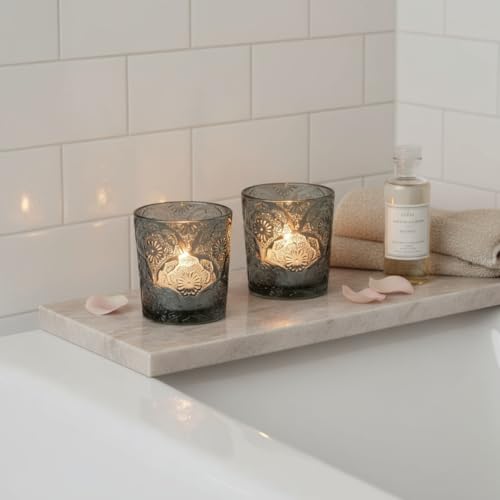 6 Pack Mandala Embossed Glass Candle Holders – Votive Tealight Holders with Patent Design, Decorative Embossed Glass Cups for Wedding Centerpieces, Parties, and Home Décor (Smoky Quartz) - color: Smoky Quartz