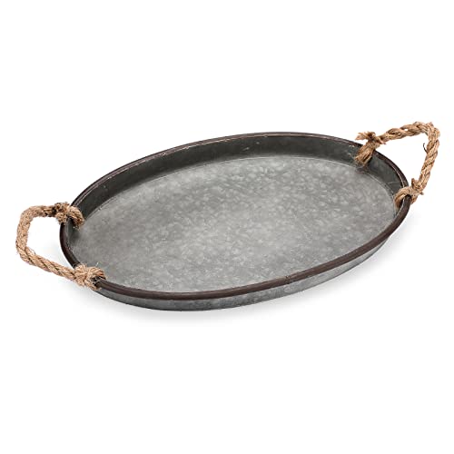 Hipiwe Galvanized Metal Iron Oval Tray with Rope Handle Farmhouse Serving Tray Rustic Industrial Decorative Centerpiece for Coffee Table Weddings and Parties Decor, Large - size: 15.4" x 9.8" x 1.6"