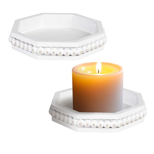 Candle Pedestal for Pillar Candle Set of 2, Rustic Round Wood Tray Beaded Risers, Farmhouse Wood Beaded Tray for Tiered Tray Candle, Mug Display Decorative, Table Centerpiece, Antique White - color: Rusticwhite-1, size: Set of 2