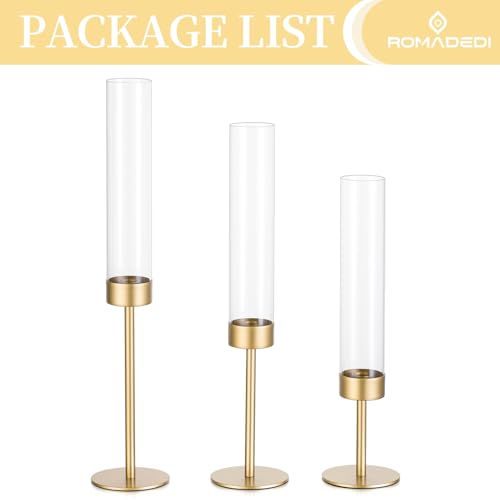 Glass Hurricane Candlestick Holders Gold - Romadedi Taper Candle Holder Tall Clear Glass Cylinder Table Centerpiece Wedding Decor Party Birthday Christmas Home Decorations Set of 3 - size: 3 PCS
