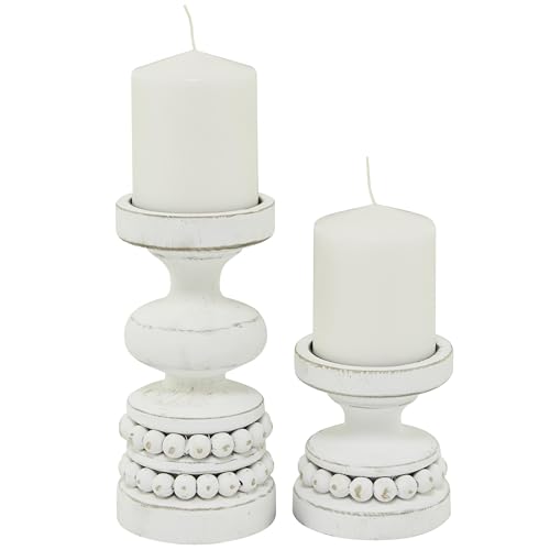 Deco 79 Wood Decorative Candle Holder Beaded Pillar Candle Stand, Set of 2 Candlestick Holder 8", 4"H, White - color: White, size: 8", 4"H