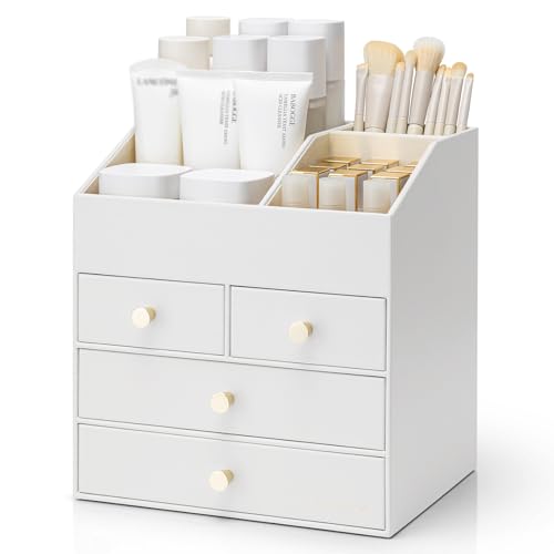 VLANDO Makeup Organizer Countertop,Large Vanity Organizer PU Leather Make up Storage with 4 Drawers Skin care Organizer Cosmetic Display Case for Lipstick,Brushes,Bedroom-White - color: 4 layers-White