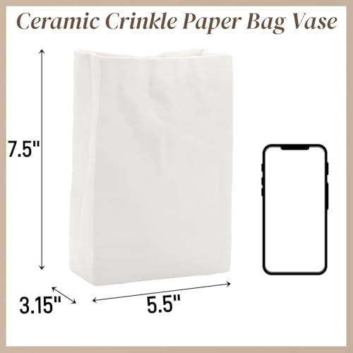 Pumtus Crinkle Paper Bag Ceramic Vase, 7.5 Inch Unique Flower Vase, White Matte Square Wide Mouth Pleated Planter, Minimalist Boho Pot for Flower Arrangement Table Centerpiece Home Office Decor