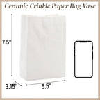 Pumtus Crinkle Paper Bag Ceramic Vase, 7.5 Inch Unique Flower Vase, White Matte Square Wide Mouth Pleated Planter, Minimalist Boho Pot for Flower Arrangement Table Centerpiece Home Office Decor
