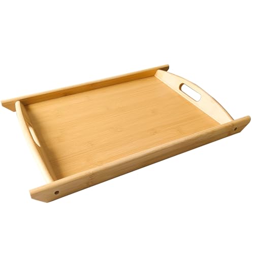 Bamboo Serving Tray Rectangle Platter Breakfast Dinner Food Bed Tray for Eating Kitchen Restaurants (1, 17.3" x 11.8" x 1.2" (with Handle)) - size: 17.3" x 11.8" x 1.2"