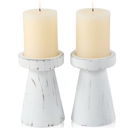Wood Candle Holders for Pillar Candles, Set of 2 Vintage Rustic Tall Modern Farmhouse Decor, Decorative Wooden Candlestick Stand for Fireplace Mantel, Table Centerpiece - Distressed White - color: Distressed White