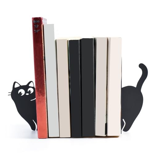 BEISE Book Ends Gifts for Cat Lovers, Decorative Metal Cat Bookends for Bookshelf & Desk, Cute Black Kittens CD Book Holder, Kitchen Organizer for Shelf, Home Office Decor, Unique Book Lover Gift - style: Naughty Cat