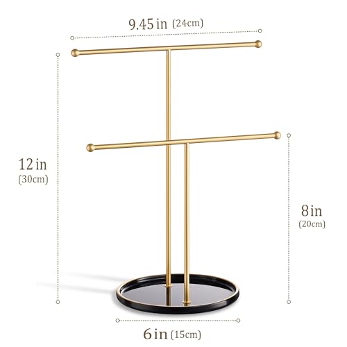 Gold Jewelry Holder Stand with Ceramic Tray: Small Hanging Necklace Organizer Tree for Earrings, Bracelets, Rings – Jewelry Display Hanger for Women & Girls, Black - color: black tray gold bar