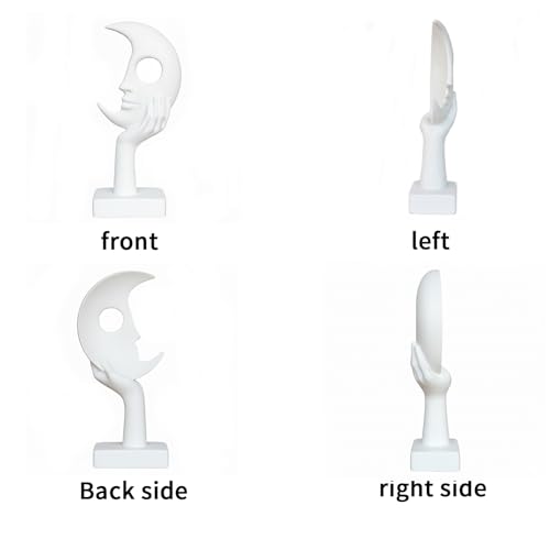 White Abstract Face Sculpture, Modern Art Decor, Hand on Chin Design, Tabletop Statue with Base - color: White, size: Small