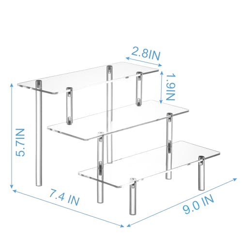 HENABLE Acrylic Display Risers, Acrylic Perfume Stand Organizer, Clear Shelf Risers for Display Stands for Food, Tabletop Use, Amiibo Funko POP Figure, 3 Tier Clear Cupcake Stand Risers