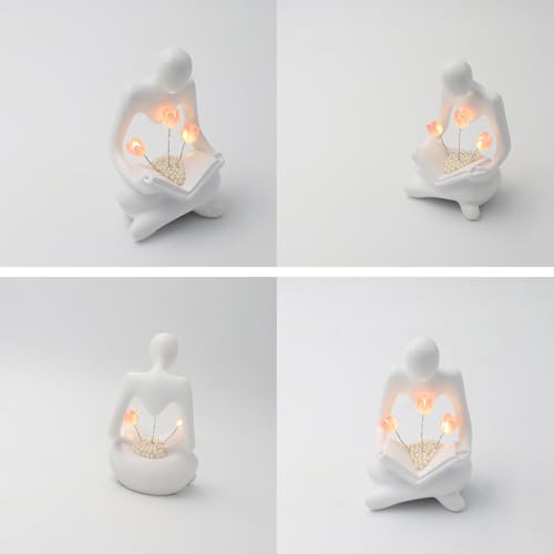 Reading Sculptures Tulip Lamp,Thinker Statue Figurine Battery Powered Night Light,Modern Abstract Home Decoration, Living Room Bookshelf Office Shelves Desk Decor,Aesthetic Gift