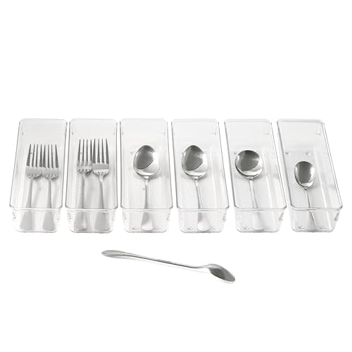 6 Set Clear Plastic Junk Drawer Organizer Vanity Curlery Utensil Makeups Organizer for Kitchen 9''X 3'' - size: 6 Pack 9"x3" Clear Plastic