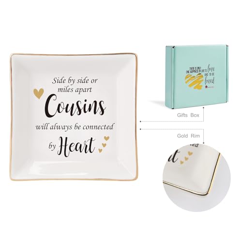 HOME SMILE Cousin Gifts Mother's Day,Ceramic Ring Jewelry Dish Tray Plate for Birthday Graduation Christmas Wedding,Sise by Side or Miles Away,Cousins will AwaysConnected by Heart - style: Cousin