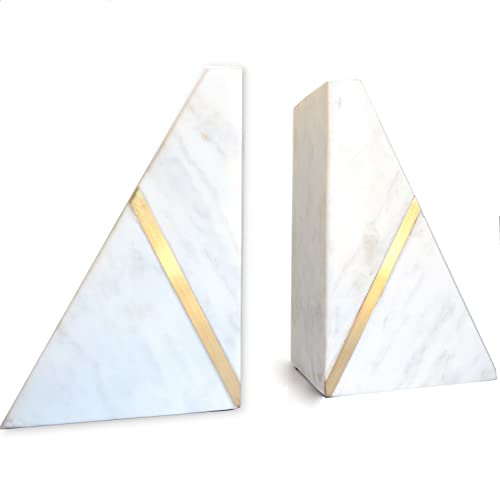 Marble Bookends Handcrafted Heavy Marble Triangular Bookshelf Decor Brass Inlay Set of 2 Decorative Bookends Book Stoppers with Non-Skid Bottom Solid Home Kitchen Office Shelves Triangle