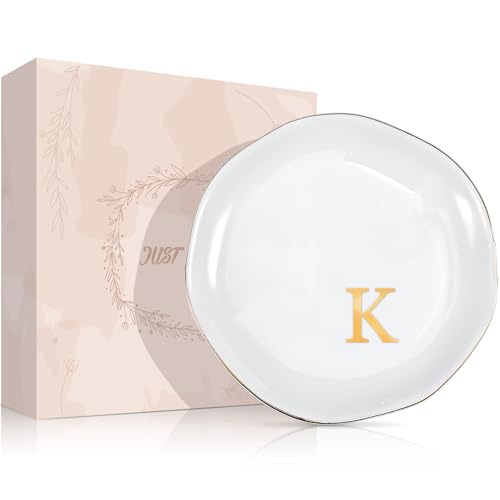 ProCase Ceramic Jewelry Tray, Initial Ring Dish Trinket Plate Engagement Gift, Small Personalized Monogram Ring Bowl for Wedding, White Decorative Jewelry Holder for Women Vanity -Letter K - style: K