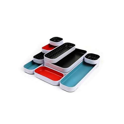 Three by Three Seattle 10 Piece Metal Organizer Tray Set for Storing Makeup, Stationery, Utensils, and More in Office Desk, Kitchen and Bathroom Drawers (1 Inch, Blue Black Red and Dots) - color: Blue, Black, Red, Dots, size: 10 Piece
