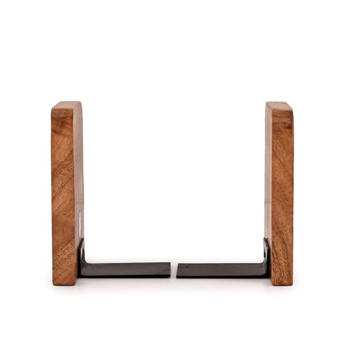 Kaizen Casa Bookends Iron & Acacia Wood Bookends for Shelves Book Ends Decorative to Hold Heavy Books (4" X 4" X 6"), (Set of 2)