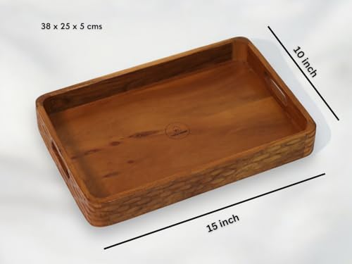 Vesta Homes Acacia Wood Serving Tray for Home/Kitchen/Restaurant/Office Organizer/Dining Table | Premium Serving Trays | 38 x 25 x 5 cm | Handcrafted in India - size: 15" x 9.8" x 2" (Single Tray)