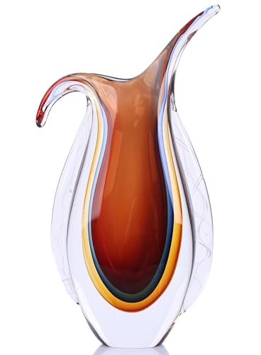 Blown Glass vase, Unique Murano Style Glass Art Deco vase for Living Room TV Stand, Table Setting, Office, Room and Desktop Decorations and Ornaments. - color: Amber