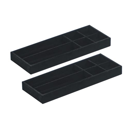 2Pcs Desk Drawer Storage Tray, Nightstand Organizer Tray, Necklace Bracelet Ring Earring Jewelry Display Tray, Grid Table Organizer Holder Tray for Sunglass, Phone, Watch, Perfume (6 grid)/Black - color: Black, size: 6 Grid