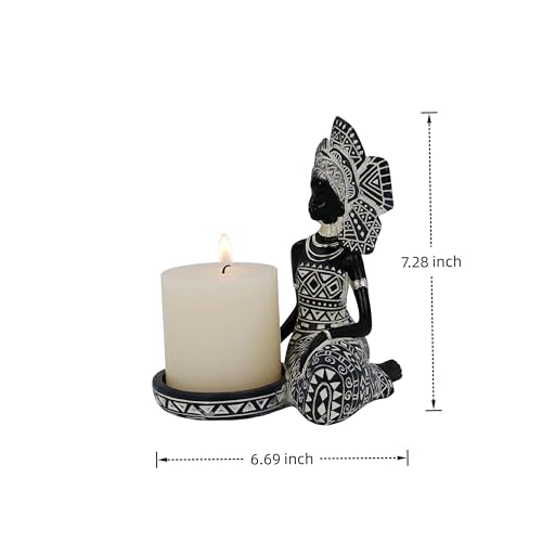 African Woman Candle Holder Statue – Tribal Resin Figurine for Tea Lights or Pillar Candles, Afrocentric Boho Home Decor for Living Room, Meditation Space, Bookshelf - color: 754black