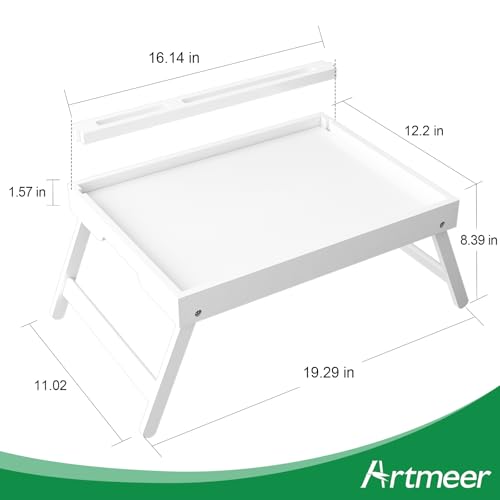 Artmeer Bed Tray Table with Folding Legs, Bamboo Breakfast Food Tray with Media Slot, Use As Platter, Laptop Desk, Snack, TV Tray Kitchen Serving Tray (White Large) - color: White, size: Large