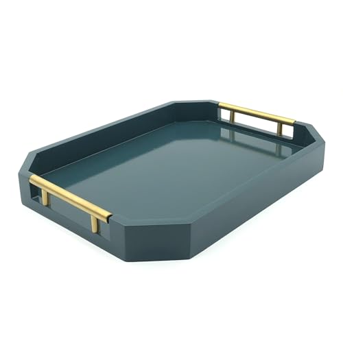 Serving Tray with Polished Metal Handles, Hexagon Coffee Table Tray, Modern Rectangle Decorative Tray, Large Ottoman Tray, Perfect for Storage and Display (Teal Rectangle) - color: Teal Rectangle