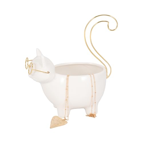 Ceramic Kitty Trinket Dish for House Decor Styling - Jewelry Tray for Coffee Table, Bed, Bathroom Vanity, and Home - Decorative Tray for Centerpiece Table and Jewelry Dish - 8", White & Gold - size: 8.0" H