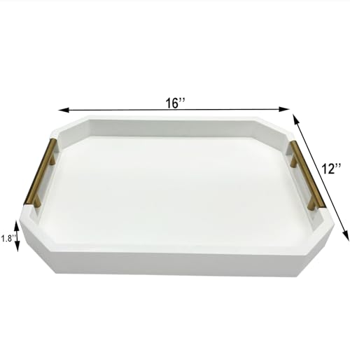 Serving Tray with Polished Metal Handles, Hexagon Coffee Table Tray, Modern Rectangle Decorative Tray, Large Ottoman Tray, Perfect for Storage and Display (White Rectangle) - color: White Rectangle