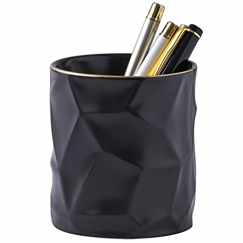 Ceramic Irregular Round Pen Holder For Desk Cute Stand Gold Line Aesthetic Pencil Cup Pot Desk Organizer for Men Women Makeup Brush Holder (Black) - color: Black