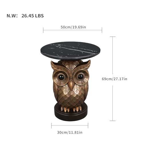 Luxurious Owl Side Table - 20" Premium Faux Marble Top Accent Table with Hand-Detailed Resin Owl Statue Base - High-End Round End Table for Study, Library, Nightstand - Tool-Free - color: Iron Owl